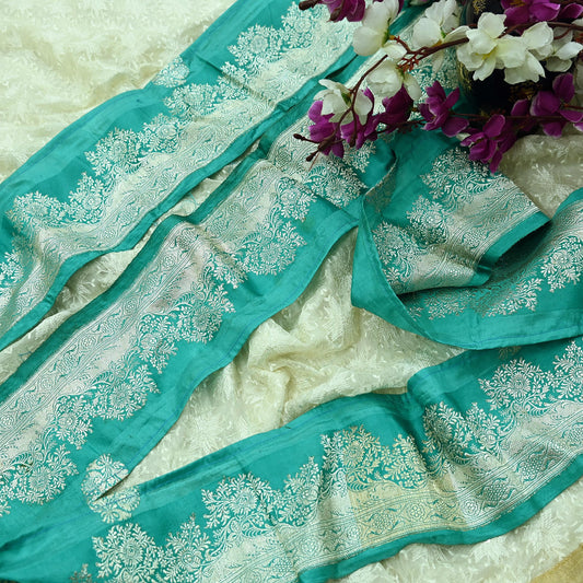 Indian Vintage Green Sari Border Woven Banarasi 1yd Trim Craft Sewing Recycled Sari Border Silver Zari Pure Silk Decor Crafting