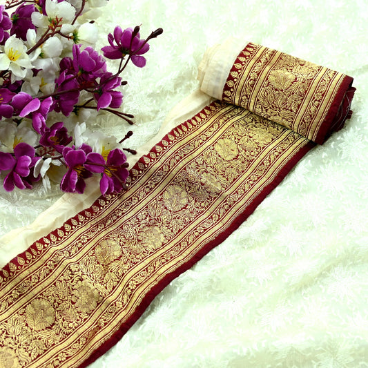 Indian Vintage Maroon Sari Border Woven Banarasi 1yd Trim Craft Sewing Recycled Sari Border Golden Zari Pure Silk Home Decor Crafting