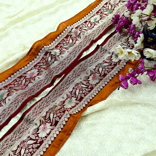 Indian Vintage Maroon Sari Border Woven Banarasi 1yd Trim Craft Sewing Recycled Sari Border Golden Zari Pure Silk Home Decor Crafting