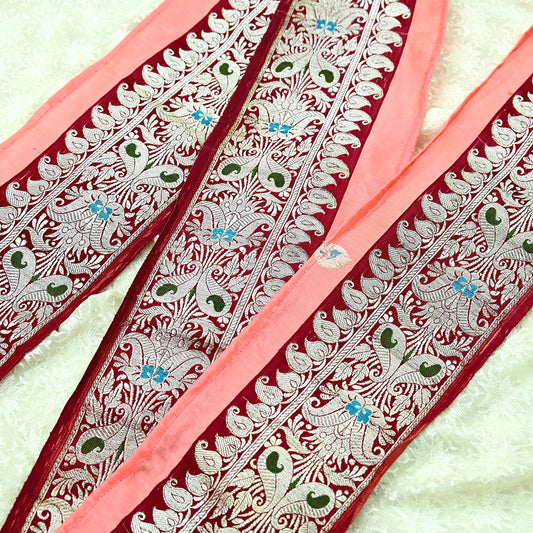 Indian Vintage Maroon Sari Border Woven Banarasi 1yd Trim Craft Sewing Recycled Sari Border Golden Zari Pure Silk Home Decor Crafting