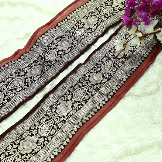 Indian Vintage Brown Sari Border Woven Banarasi 1yd Trim Craft Sewing Recycled Sari Border Golden Zari Pure Silk Home Decor Crafting