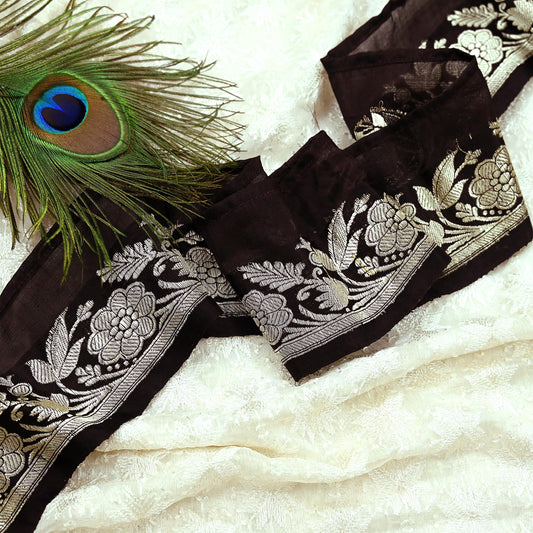 Indian Vintage Coffee Brown Sari Border Woven Banarasi 1yd Trim Craft Sewing Recycled Sari Border Golden Zari Pure Silk Home Decor Crafting