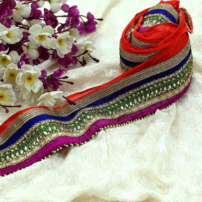 Indian Vintage Multi Sari Border Pure Chiffon Silk Hand Embroidered 1yd Craft Trim Lace Sewing Sari Ribbon Recycled Dress making Zardozi