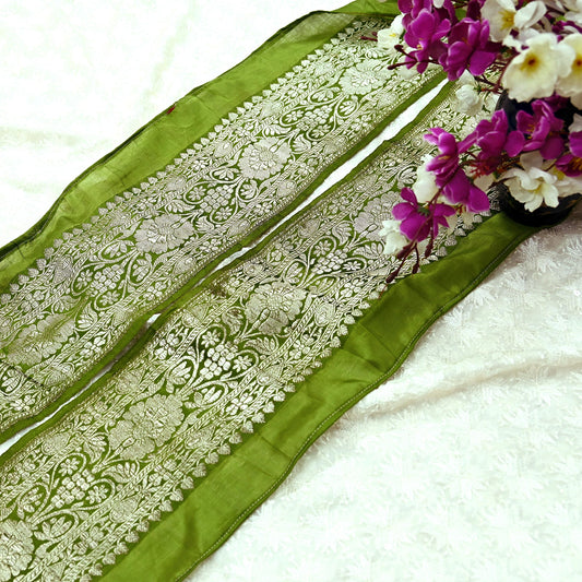 Indian Vintage Green Sari Border Woven Banarasi 1yd Trim Craft Sewing Recycled Sari Border Silver Zari Pure Silk Decor Crafting