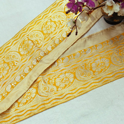 Indian Vintage Yellow Sari Border Woven Banarasi 1yd Trim Craft Sewing Recycled Sari Border Silver Zari Pure Silk Crafting