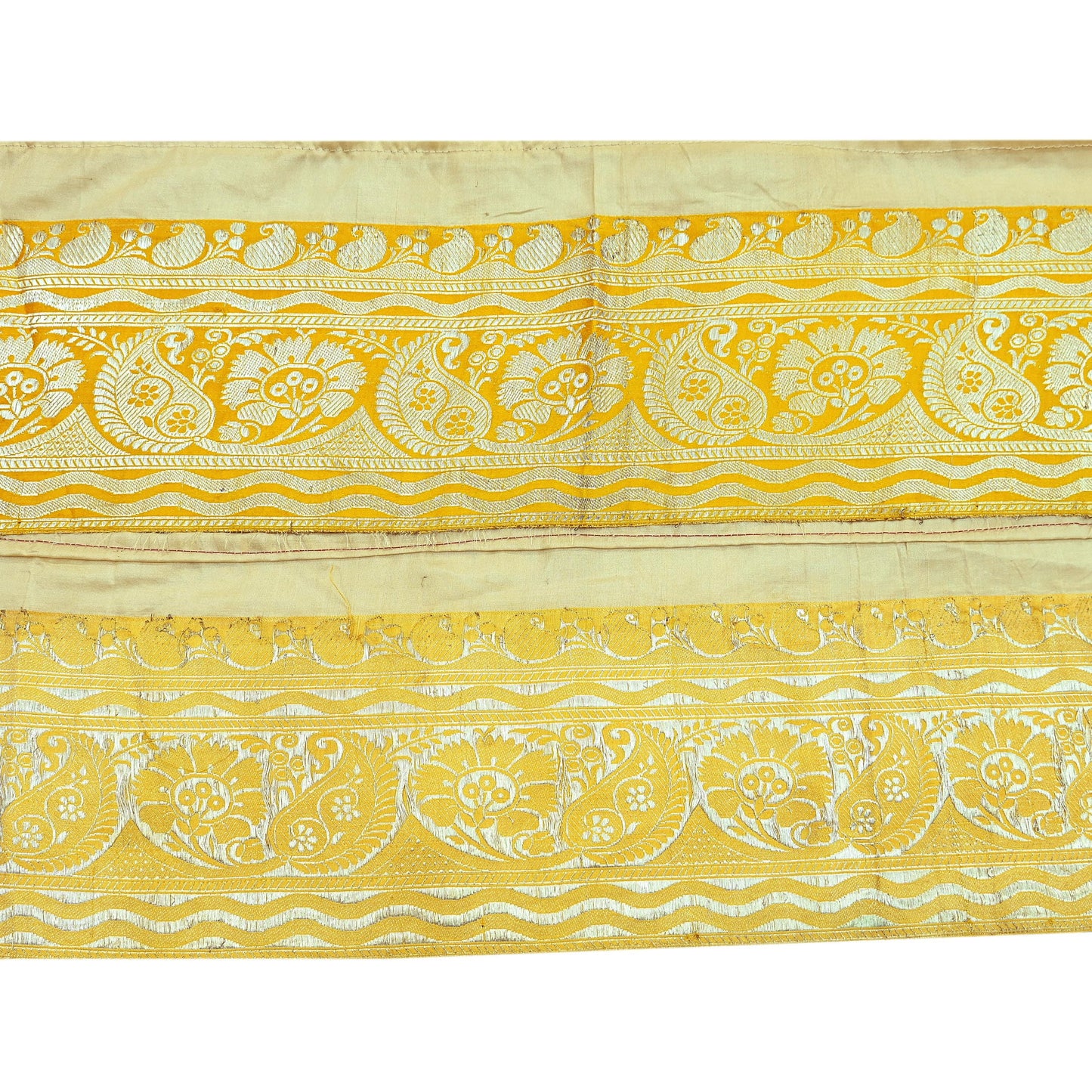 Indian Vintage Yellow Sari Border Woven Banarasi 1yd Trim Craft Sewing Recycled Sari Border Silver Zari Pure Silk Crafting