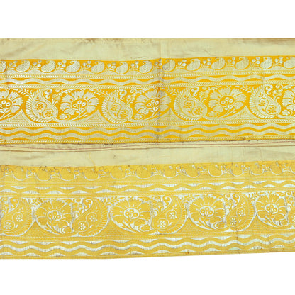 Indian Vintage Yellow Sari Border Woven Banarasi 1yd Trim Craft Sewing Recycled Sari Border Silver Zari Pure Silk Crafting