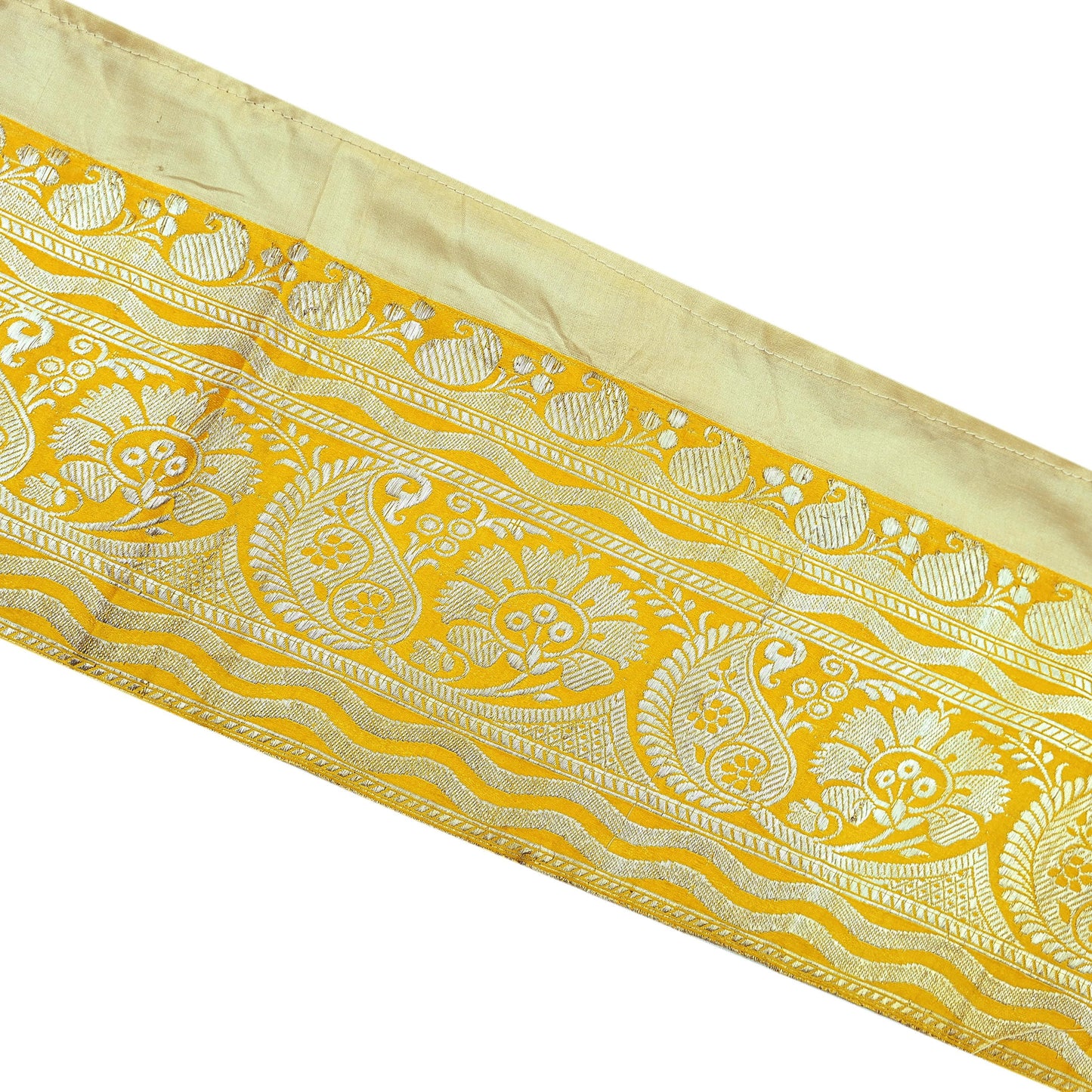 Indian Vintage Yellow Sari Border Woven Banarasi 1yd Trim Craft Sewing Recycled Sari Border Silver Zari Pure Silk Crafting