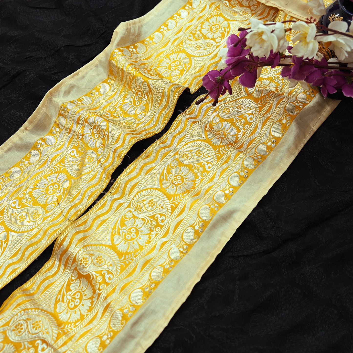 Indian Vintage Yellow Sari Border Woven Banarasi 1yd Trim Craft Sewing Recycled Sari Border Silver Zari Pure Silk Crafting