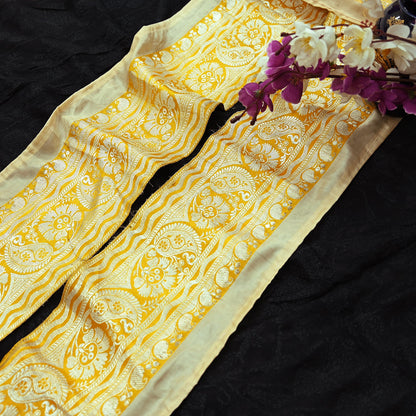 Indian Vintage Yellow Sari Border Woven Banarasi 1yd Trim Craft Sewing Recycled Sari Border Silver Zari Pure Silk Crafting