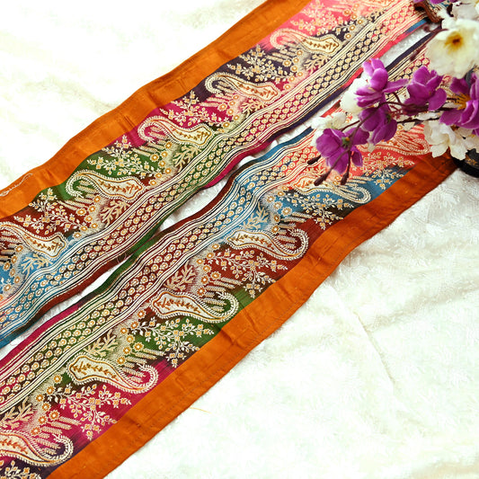 Indian Vintage Multi Sari Border Woven Banarasi 1yd Trim Craft Sewing Recycled Sari Border Golden Zari Pure Silk Home Decor Crafting