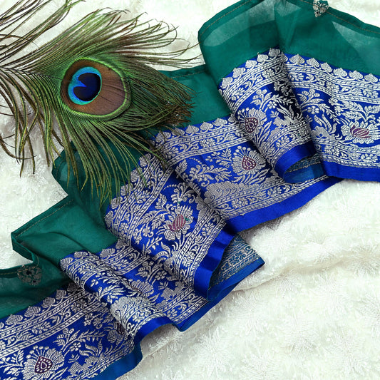 Indian Vintage Blue Sari Border Woven Banarasi 1yd Trim Craft Sewing Recycled Sari Border Golden Zari Pure Silk Home Decor Crafting