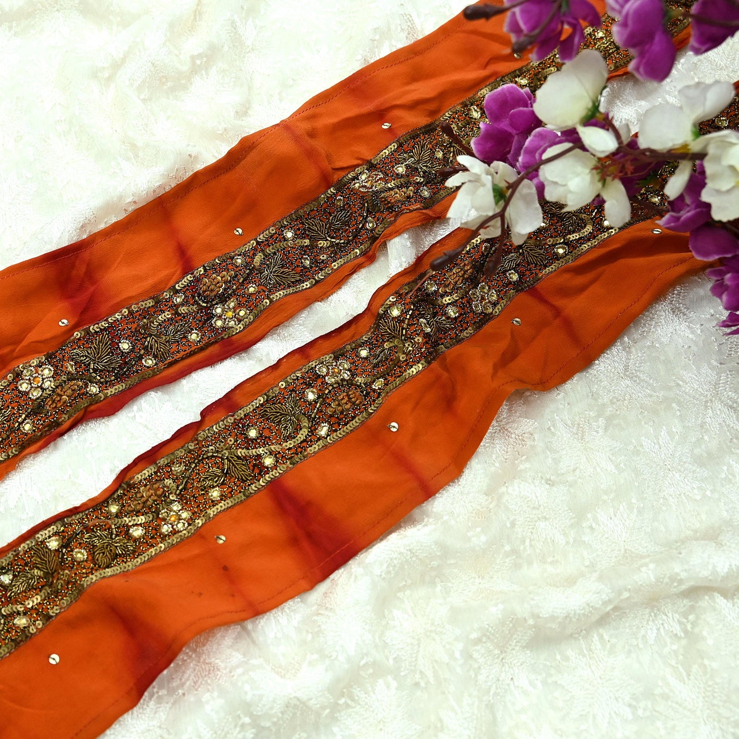 Indian Vintage Orange Sari Border Hand Embroidered Indian Craft Trim Lace Sewing Sari Ribbon Pure Crepe silk  Zardozi/Dabka Zari