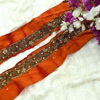 Indian Vintage Orange Sari Border Hand Embroidered Indian Craft Trim Lace Sewing Sari Ribbon Pure Crepe silk  Zardozi/Dabka Zari