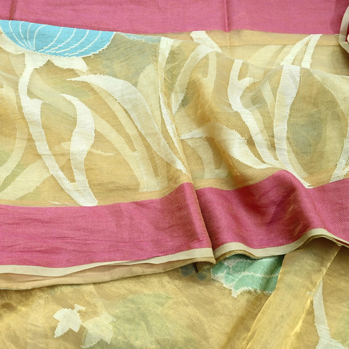 Indian Vintage Sarees Beige Pure Organza Silk Hand Woven Sari 5yd Ethnic Floral Craft Fabric Dress making Upcycle Crafting Quilting Zari