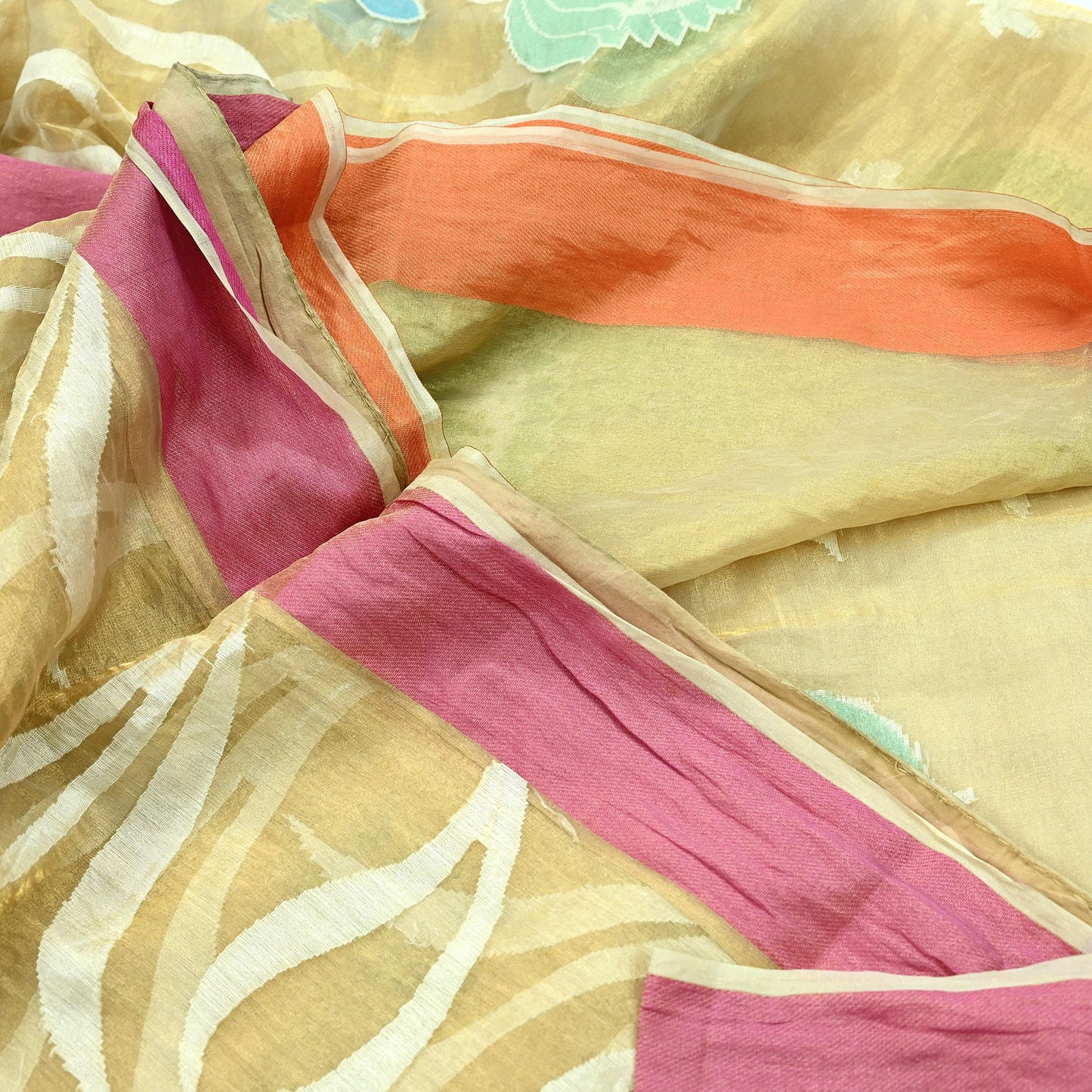 Indian Vintage Sarees Beige Pure Organza Silk Hand Woven Sari 5yd Ethnic Floral Craft Fabric Dress making Upcycle Crafting Quilting Zari