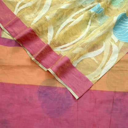 Indian Vintage Sarees Beige Pure Organza Silk Hand Woven Sari 5yd Ethnic Floral Craft Fabric Dress making Upcycle Crafting Quilting Zari