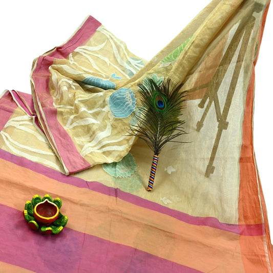 Indian Vintage Sarees Beige Pure Organza Silk Hand Woven Sari 5yd Ethnic Floral Craft Fabric Dress making Upcycle Crafting Quilting Zari