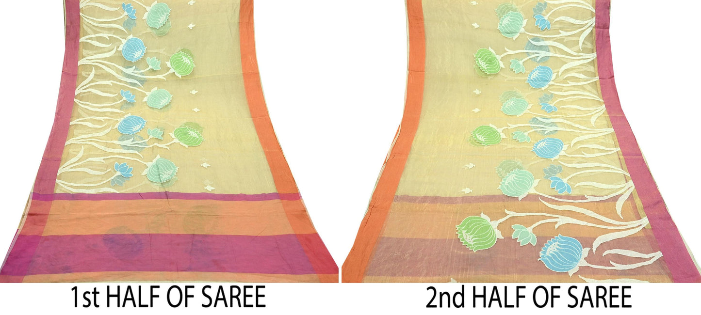 Indian Vintage Sarees Beige Pure Organza Silk Hand Woven Sari 5yd Ethnic Floral Craft Fabric Dress making Upcycle Crafting Quilting Zari