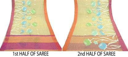 Indian Vintage Sarees Beige Pure Organza Silk Hand Woven Sari 5yd Ethnic Floral Craft Fabric Dress making Upcycle Crafting Quilting Zari