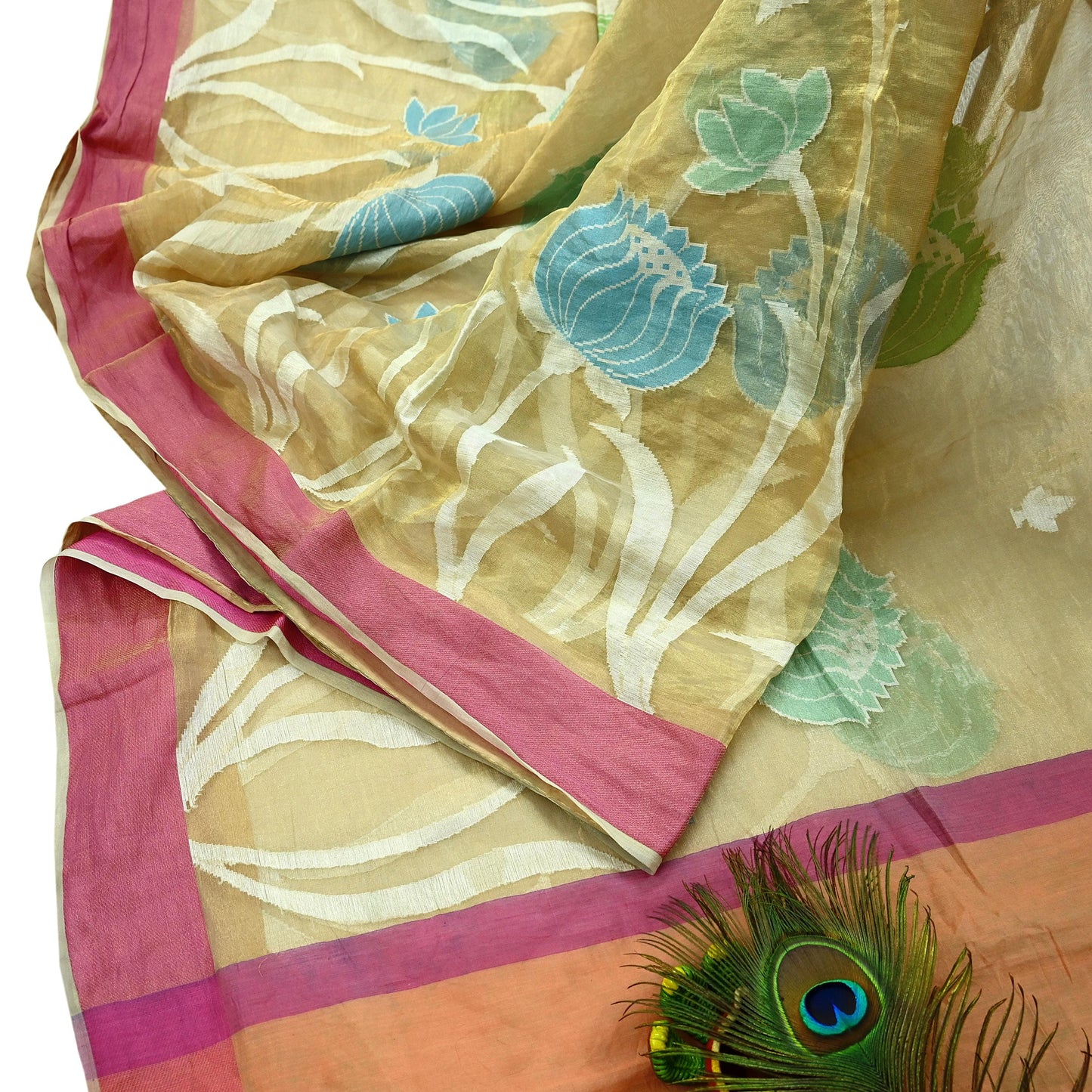 Indian Vintage Sarees Beige Pure Organza Silk Hand Woven Sari 5yd Ethnic Floral Craft Fabric Dress making Upcycle Crafting Quilting Zari