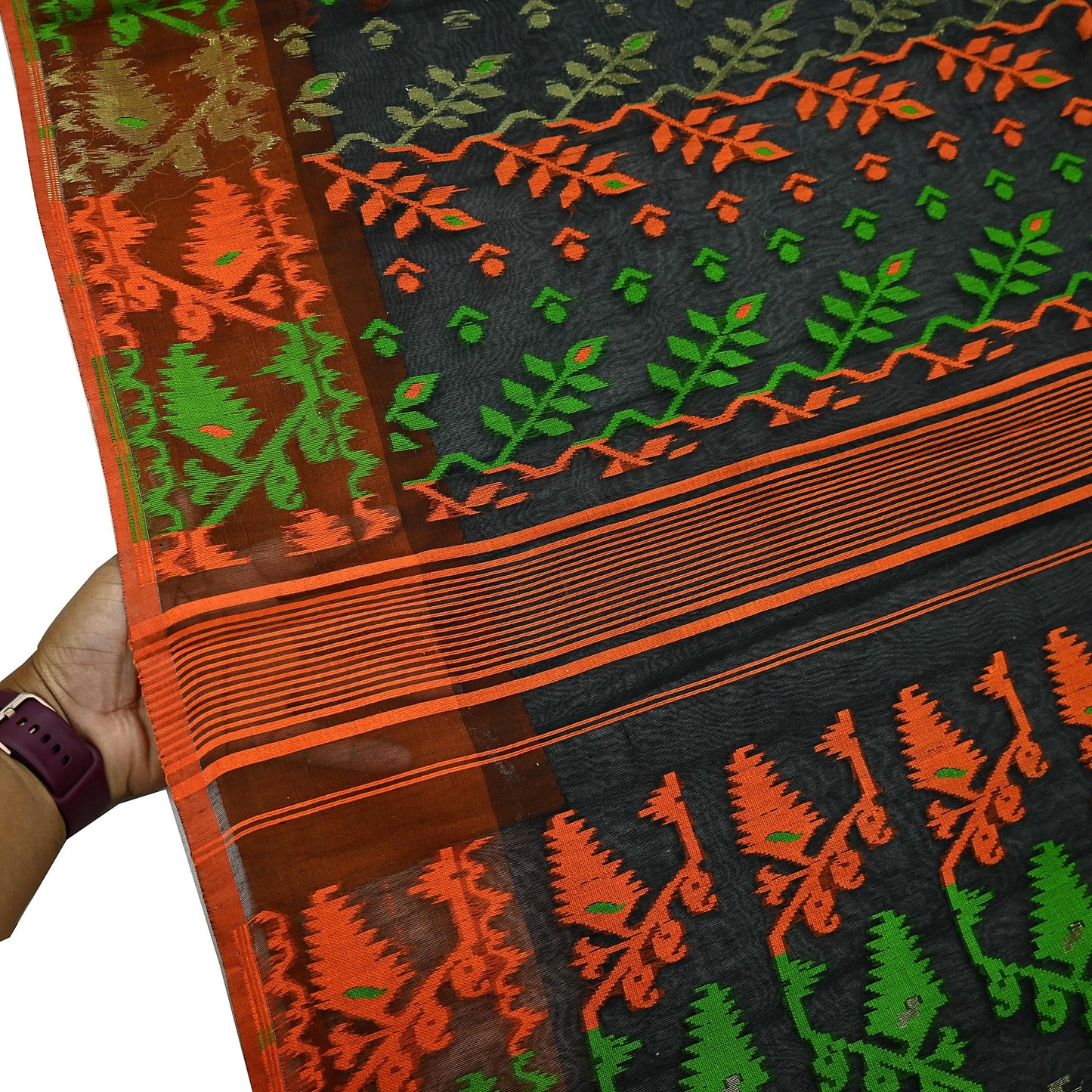 Indian Vintage Sarees Black Cotton Hand Woven Jamdani Sari 5yd Ethnic Floral Craft Fabric Dress making Upcycle Crafting Quilting
