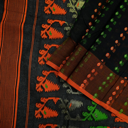 Indian Vintage Sarees Black Cotton Hand Woven Jamdani Sari 5yd Ethnic Floral Craft Fabric Dress making Upcycle Crafting Quilting