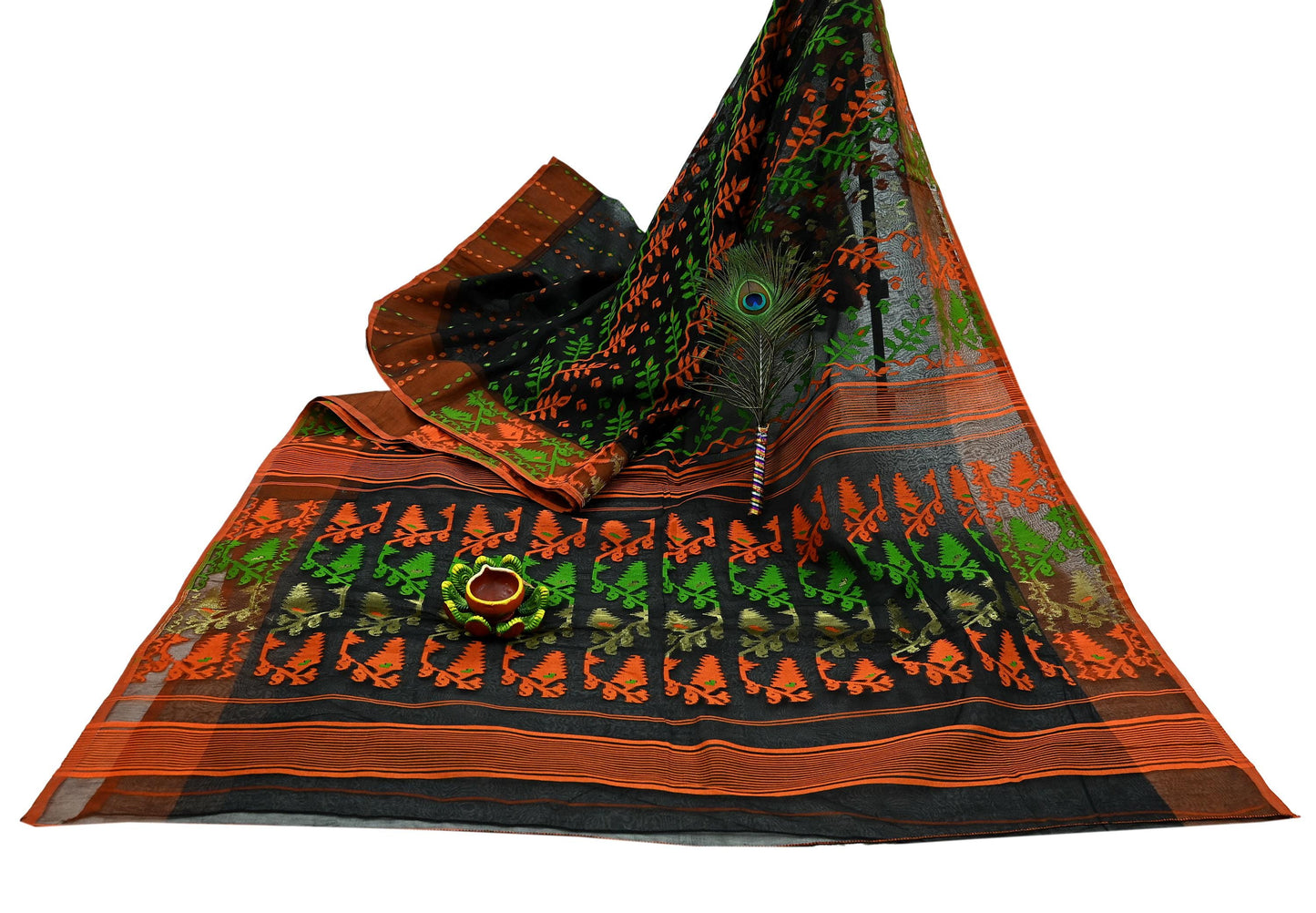 Indian Vintage Sarees Black Cotton Hand Woven Jamdani Sari 5yd Ethnic Floral Craft Fabric Dress making Upcycle Crafting Quilting