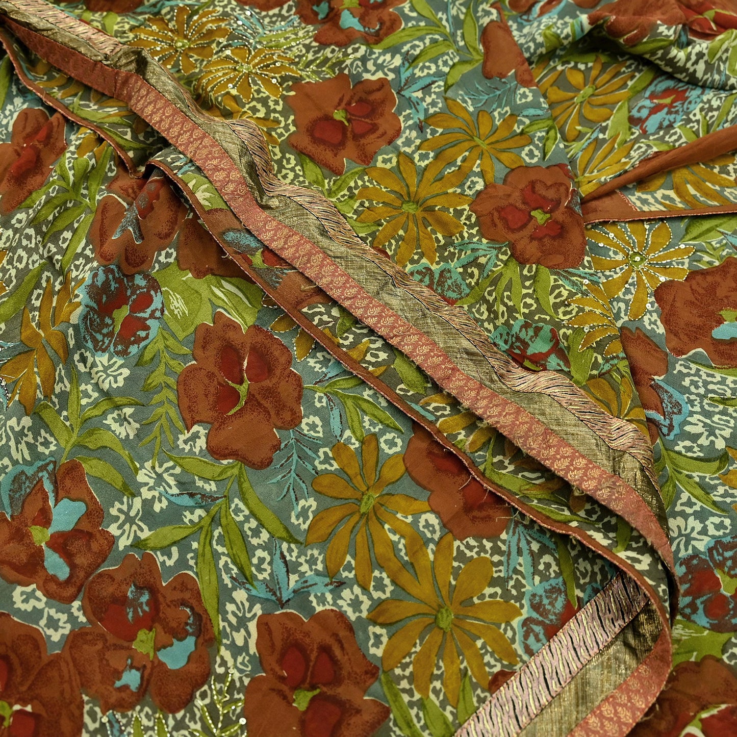 Indian Vintage Green Saree Pure Georgette Silk Hand Embroidered Sari Craft Fabric 5Yd Ethnic Soft Dress making Crafting Quilting