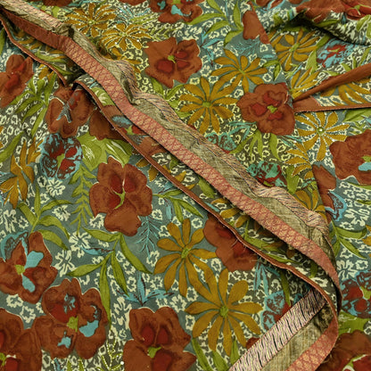 Indian Vintage Green Saree Pure Georgette Silk Hand Embroidered Sari Craft Fabric 5Yd Ethnic Soft Dress making Crafting Quilting