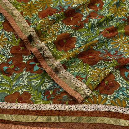 Indian Vintage Green Saree Pure Georgette Silk Hand Embroidered Sari Craft Fabric 5Yd Ethnic Soft Dress making Crafting Quilting