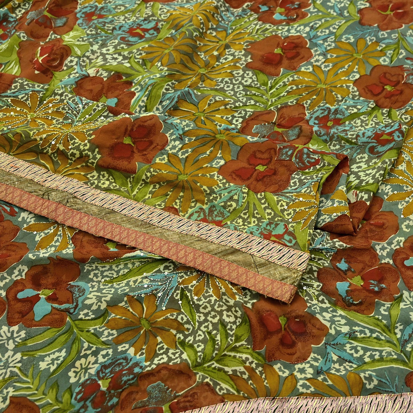 Indian Vintage Green Saree Pure Georgette Silk Hand Embroidered Sari Craft Fabric 5Yd Ethnic Soft Dress making Crafting Quilting