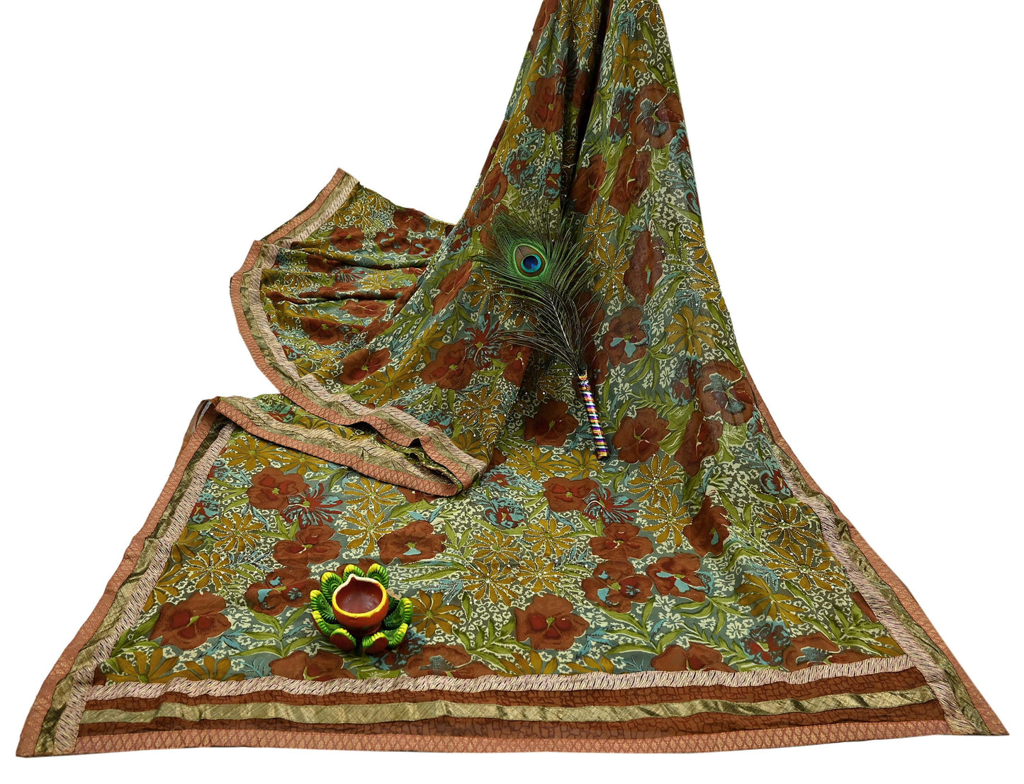 Indian Vintage Green Saree Pure Georgette Silk Hand Embroidered Sari Craft Fabric 5Yd Ethnic Soft Dress making Crafting Quilting
