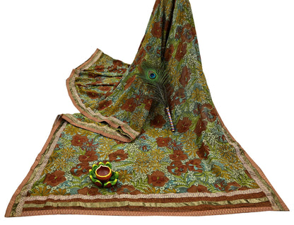 Indian Vintage Green Saree Pure Georgette Silk Hand Embroidered Sari Craft Fabric 5Yd Ethnic Soft Dress making Crafting Quilting