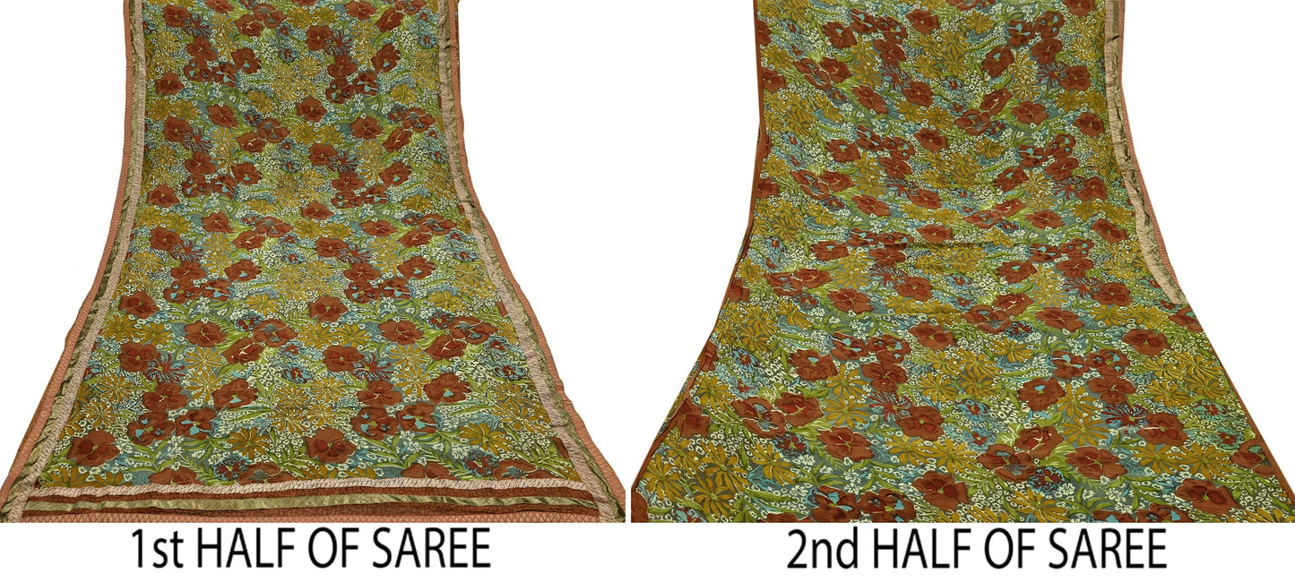 Indian Vintage Green Saree Pure Georgette Silk Hand Embroidered Sari Craft Fabric 5Yd Ethnic Soft Dress making Crafting Quilting