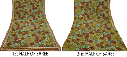 Indian Vintage Green Saree Pure Georgette Silk Hand Embroidered Sari Craft Fabric 5Yd Ethnic Soft Dress making Crafting Quilting