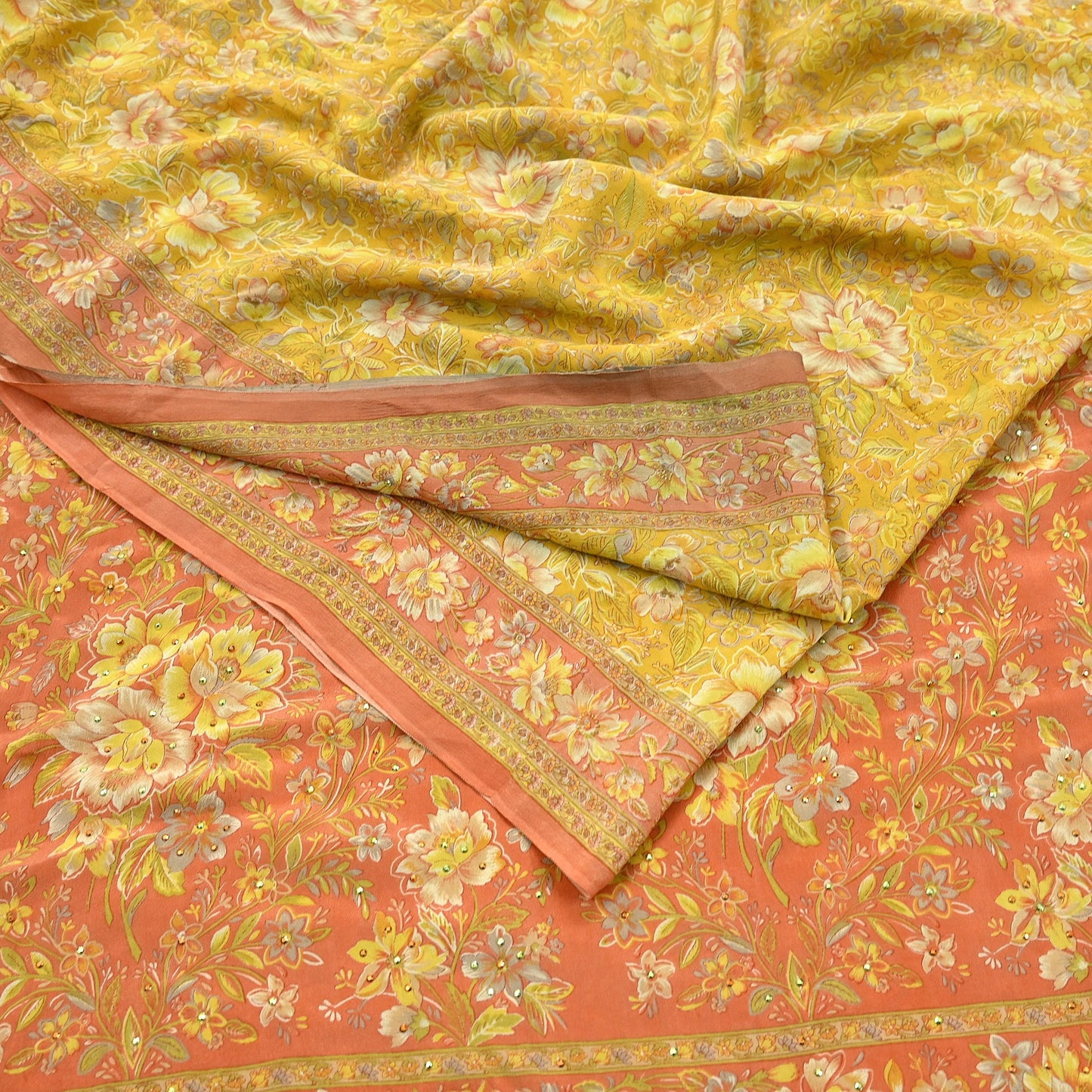 Indian Vintage Sari Pure Crepe Silk Hand Embroidered Saree 6yd Sewing Floral Craft Fabric Dress making For Crafting Quilting Upcycle