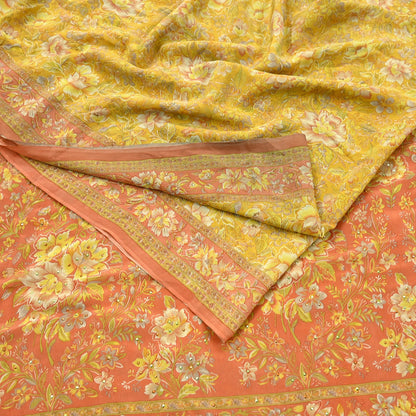 Indian Vintage Sari Pure Crepe Silk Hand Embroidered Saree 6yd Sewing Floral Craft Fabric Dress making For Crafting Quilting Upcycle