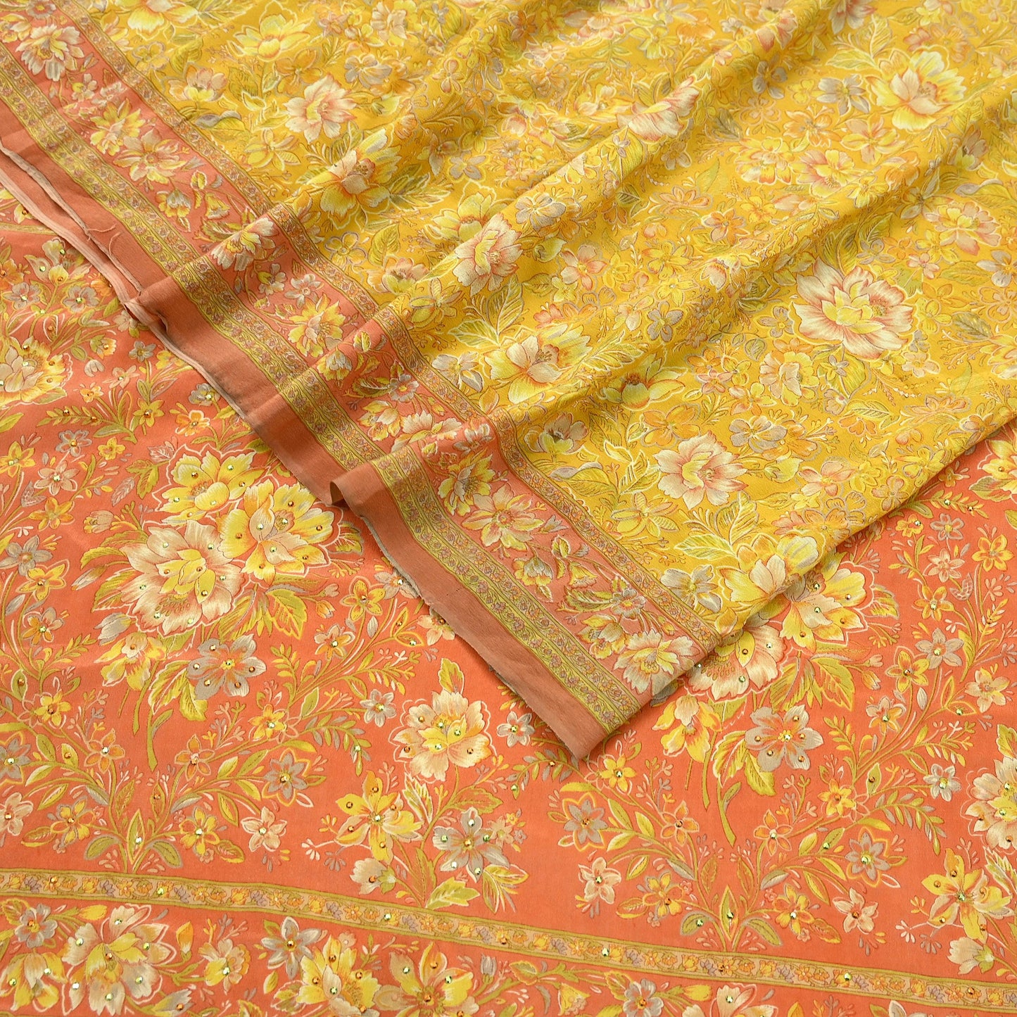 Indian Vintage Sari Pure Crepe Silk Hand Embroidered Saree 6yd Sewing Floral Craft Fabric Dress making For Crafting Quilting Upcycle