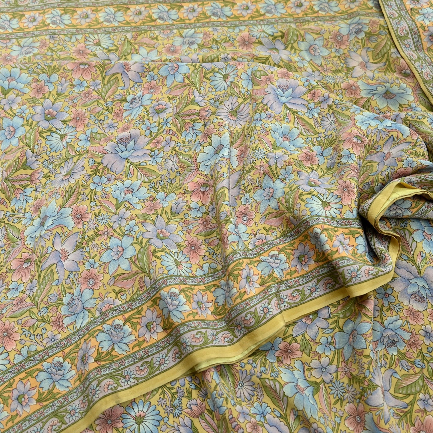 Indian Vintage Sari Beige Pure Crepe Silk Printed Sarees 5yd Sewing Floral Soft Craft Fabric Wrap Dress making Upcycle Crafting Upcycle