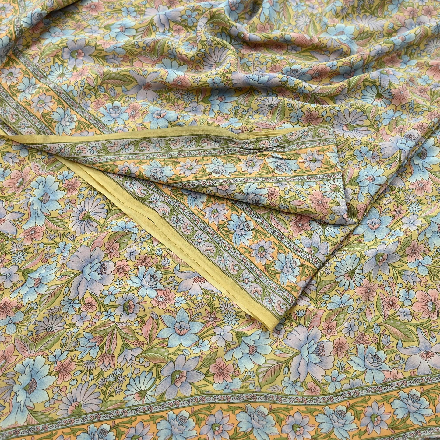 Indian Vintage Sari Beige Pure Crepe Silk Printed Sarees 5yd Sewing Floral Soft Craft Fabric Wrap Dress making Upcycle Crafting Upcycle