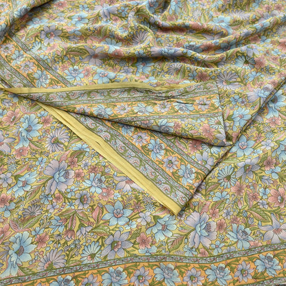 Indian Vintage Sari Beige Pure Crepe Silk Printed Sarees 5yd Sewing Floral Soft Craft Fabric Wrap Dress making Upcycle Crafting Upcycle