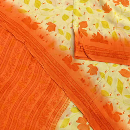 Indian Vintage Sari Beige Pure Georgette Silk Printed Sarees 5Yd Craft Fabric Sewing Quilting Dress making Crafting Quilting Upcycle