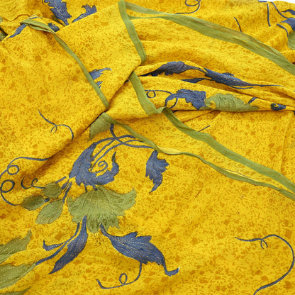 Indian Vintage Yellow Saree Pure Georgette Silk Hand Embroidered Printed Sari Craft Fabric Sewing 5Yd Soft Light Dress Making Floral