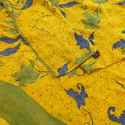 Indian Vintage Yellow Saree Pure Georgette Silk Hand Embroidered Printed Sari Craft Fabric Sewing 5Yd Soft Light Dress Making Floral