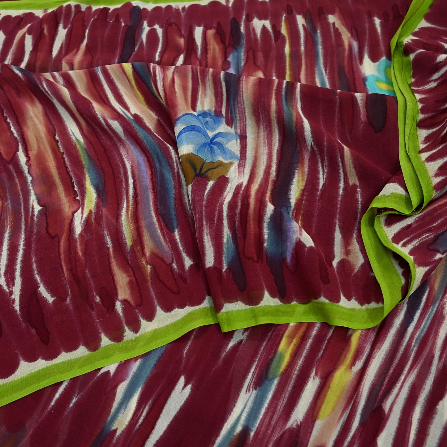 Indian Vintage Sari Maroon Pure Georgette Silk Printed Sarees Craft Fabric Sewing 6Yd Soft Light Dress Making Quilting Crafting