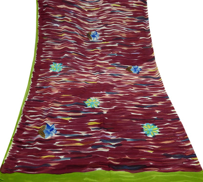 Indian Vintage Sari Maroon Pure Georgette Silk Printed Sarees Craft Fabric Sewing 6Yd Soft Light Dress Making Quilting Crafting