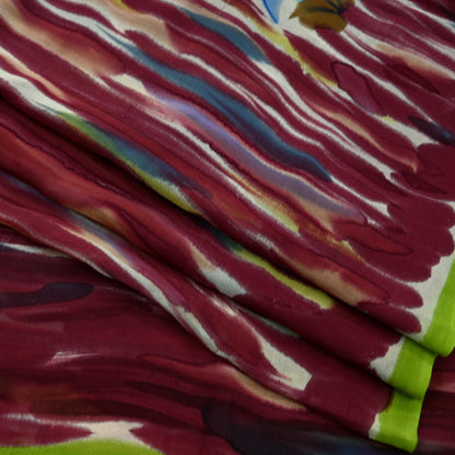 Indian Vintage Sari Maroon Pure Georgette Silk Printed Sarees Craft Fabric Sewing 6Yd Soft Light Dress Making Quilting Crafting