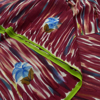 Indian Vintage Sari Maroon Pure Georgette Silk Printed Sarees Craft Fabric Sewing 6Yd Soft Light Dress Making Quilting Crafting