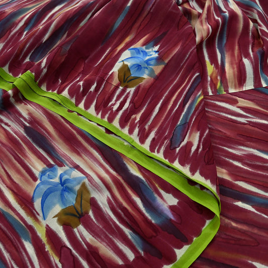 Indian Vintage Sari Maroon Pure Georgette Silk Printed Sarees Craft Fabric Sewing 6Yd Soft Light Dress Making Quilting Crafting